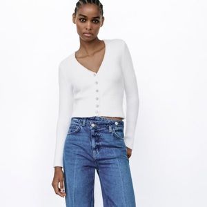 Zara White Soft Touch Womens Sweater Cardigan Rhinestone Buttons Size L NWT